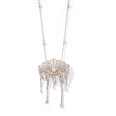 Lot 64 - Attributed to Maingourd: A Belle Epoque diamond and pearl pendant/brooch, circa 1915