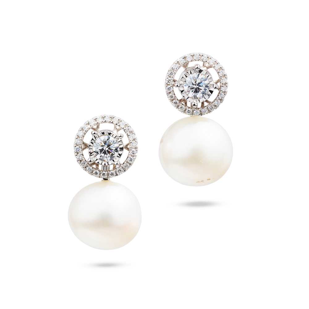 Lot 67 - A pair of cultured pearl and diamond earrings