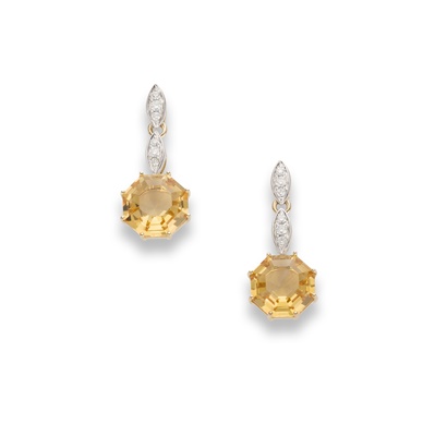 Lot 82 - A pair of citrine and diamond pendent earrings