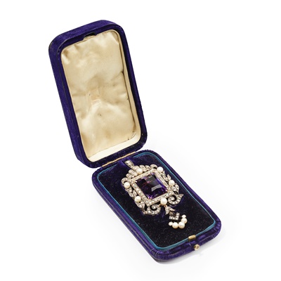 Lot 73 - A late 19th century amethyst, pearl and diamond pendant/brooch