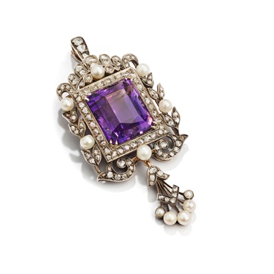 Lot 73 - A late 19th century amethyst, pearl and diamond pendant/brooch