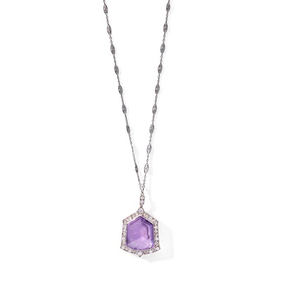 Lot 76 - An early 20th century amethyst and diamond pendant necklace