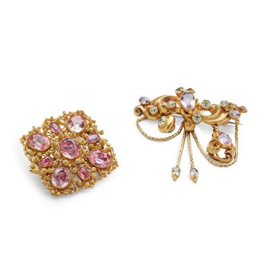 Lot 169 - Two 19th-century chrysoberyl and pink topaz brooches