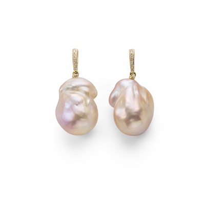 Lot 252 - A pair of baroque pearl and diamond pendent earrings