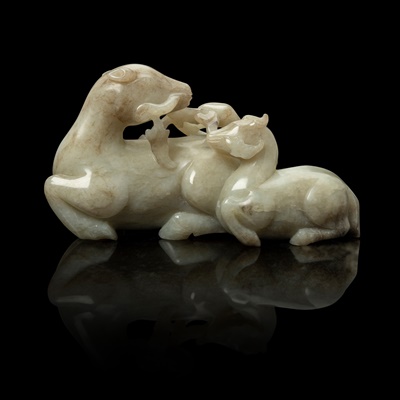 Lot 92 - GREYISH WHITE JADE CARVING OF MOTHER HORSE AND FOAL