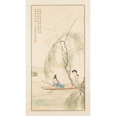 Lot 63 - INK SCROLL PAINTING OF LADIES AND WILLOW TREE