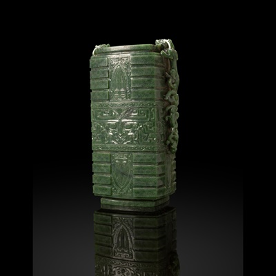 Lot 89 - LARGE SPINACH JADE ARCHAISTIC 'CONG' VASE