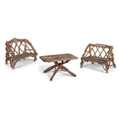 Lot 1 - PAIR OF 'RUSTIC' TWIG GARDEN BENCHES AND TABLE