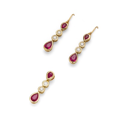 Lot 151 - A pair of ruby and diamond earrings and matching pendant