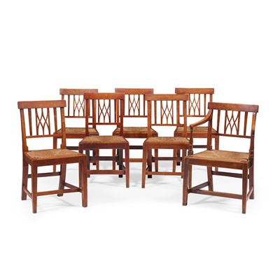 Lot 99 - SET OF SEVEN GEORGE III ELM RUSH SEATED DINING CHAIRS