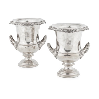 Lot 181 - PAIR OF GEORGIAN STYLE SILVER-PLATED ARMORIAL WINE COOLERS