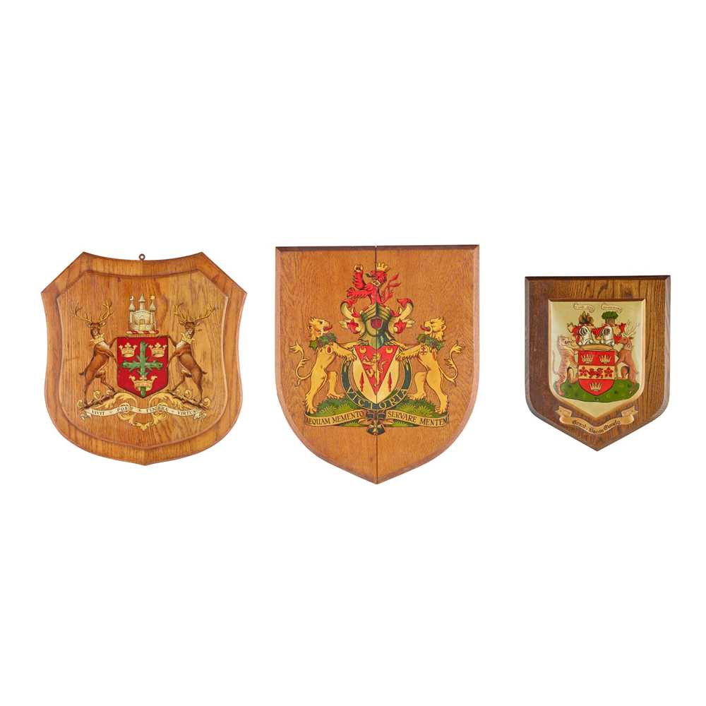 Lot 96 - THREE PAINTED OAK COATS-OF-ARMS