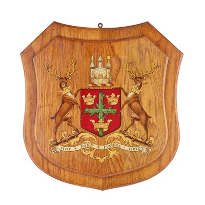 Lot 96 - THREE PAINTED OAK COATS-OF-ARMS