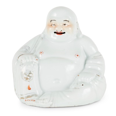 Lot 114 - WHITE-GLAZED SEATED LAUGHING BUDAI