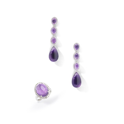 Lot 106 - An amethyst and diamond ring and earrings