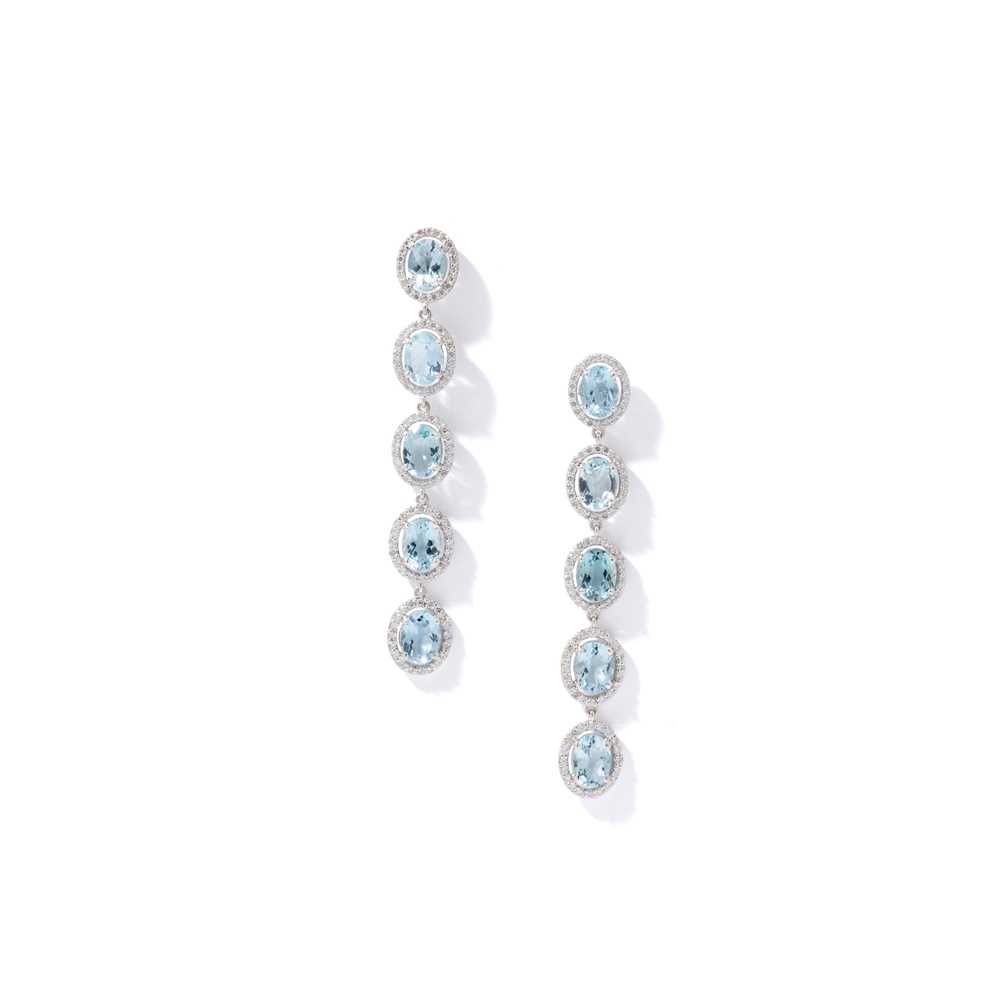 Lot 17 - A pair of aquamarine and diamond pendent earrings