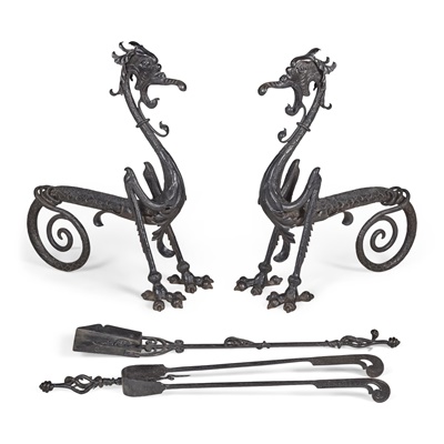 Lot 8 - PAIR OF ENGLISH GOTHIC REVIVAL WROUGHT IRON FIRE DOGS