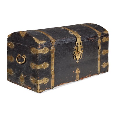 Lot 54 - LEATHER AND BRASS BANDED DOMED CHEST