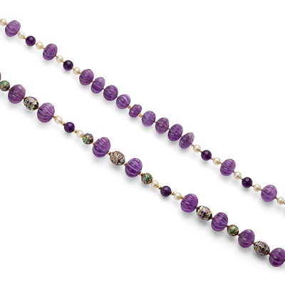 Lot 173 - An amethyst, pearl and enamel bead necklace