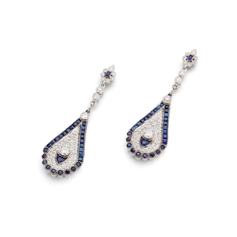 Lot 18 - A pair of sapphire and diamond pendent earrings