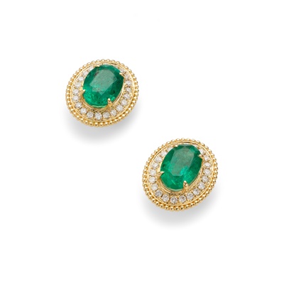 Lot 98 - A pair of emerald and diamond earrings