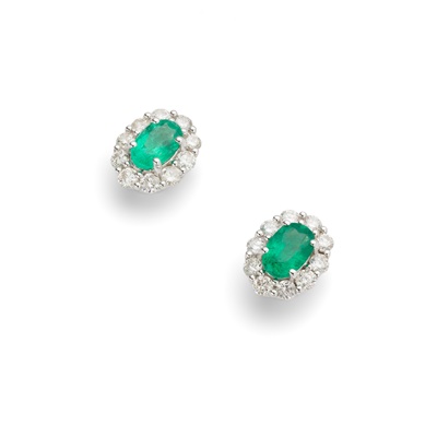 Lot 132 - A pair of emerald and diamond earrings