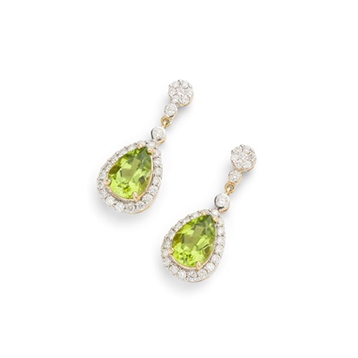 Lot 100 - A pair of peridot and diamond earrings