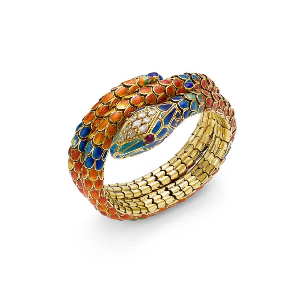 Lot 44 - An enamel and gem-set snake bracelet