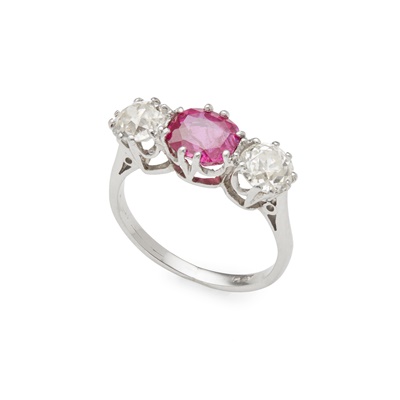 Lot 154 - A pink sapphire and diamond three-stone ring