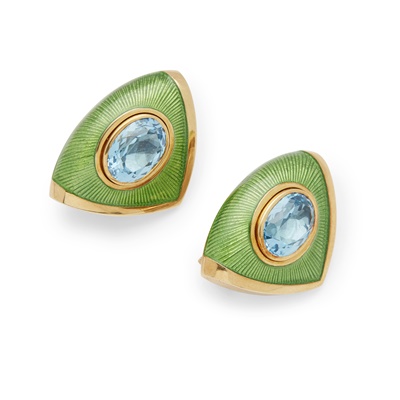 Lot 75 - Leo de Vroomen: A pair of blue topaz and enamel earrings