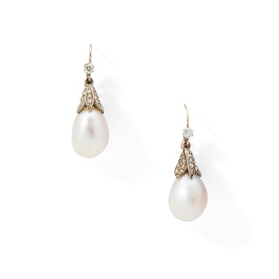 Lot 109 - A pair of natural pearl and diamond earrings