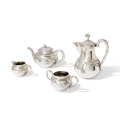 Lot 32 - CHINESE EXPORT SILVER THREE-PIECE TEA SERVICE AND A COFFEE POT