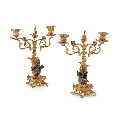 Lot 14 - PAIR OF NAPOLEON III GILT AND PATINATED BRONZE FIGURAL CANDELABRA
