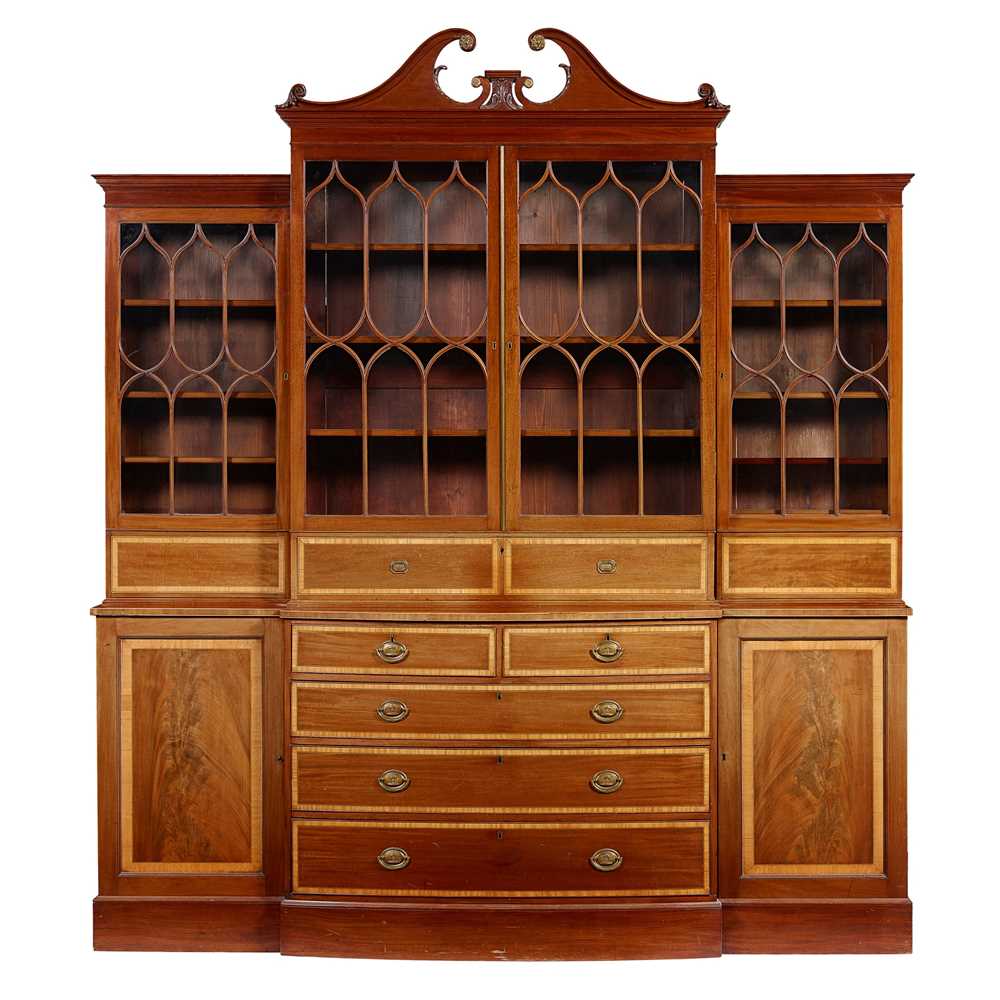 Lot 17 - GEORGE III MAHOGANY AND SATINWOOD BREAKFRONT BOOKCASE