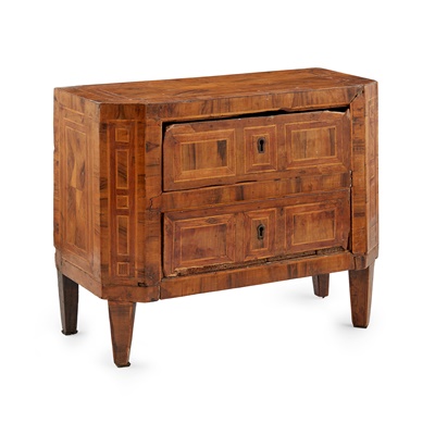 Lot 20 - MINIATURE ITALIAN NEOCLASSICAL WALNUT AND FRUITWOOD PARQUETRY COMMODE