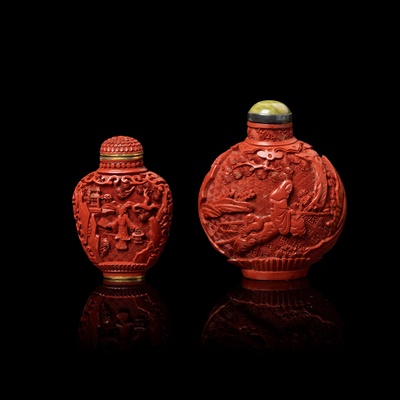 Lot 77 - TWO CARVED CINNABAR LACQUER SNUFF BOTTLES
