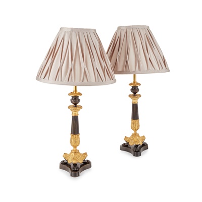 Lot 201 - PAIR OF PATINATED BRONZE AND GILT METAL LAMPS