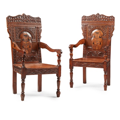 Lot 32 - PAIR OF OAK AND MARQUETRY WAINSCOT ARMCHAIRS