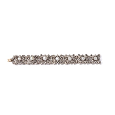 Lot 110 - A late 19th century pearl and diamond bracelet, circa 1880