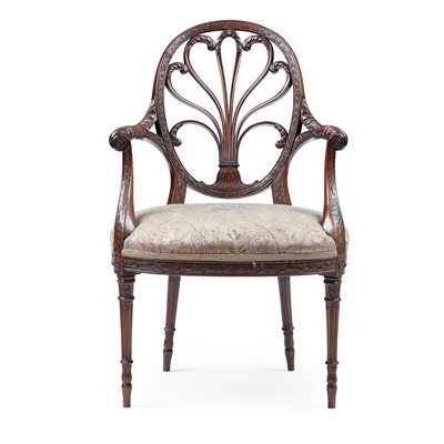 Lot 130 - GEORGE III STYLE MAHOGANY OPEN ARMCHAIR, IN THE HEPPLEWHITE STYLE