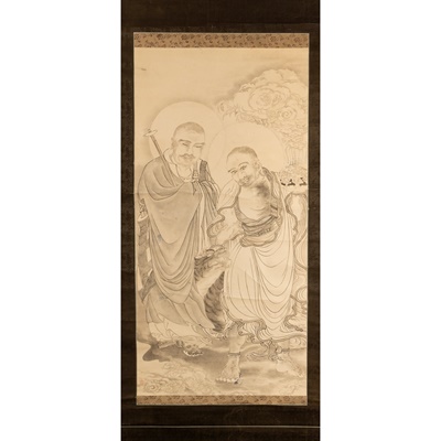 Lot 42 - INK SCROLL PAINTING OF TWO ARHATS
