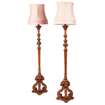 Lot 91 - PAIR OF GEORGE II STYLE CARVED WALNUT STANDARD LAMPS