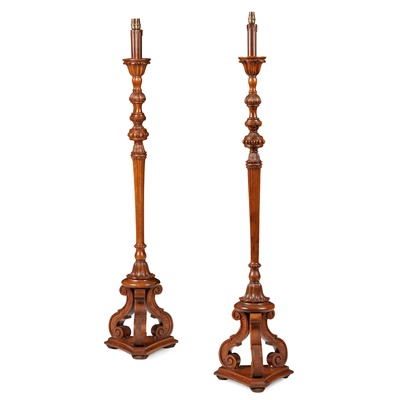 Lot 91 - PAIR OF GEORGE II STYLE CARVED WALNUT STANDARD LAMPS