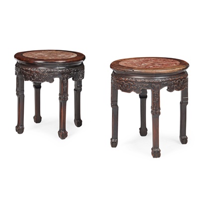 Lot 10 - PAIR OF HARDWOOD WITH MARBLE INSET STOOLS