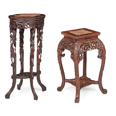 Lot 19 - TWO HARDWOOD WITH MARBLE INLAID JARDINIÈRE STANDS
