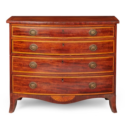 Lot 151 - LATE GEORGE III MAHOGANY AND SATINWOOD BOWFRONT CHEST OF DRAWERS