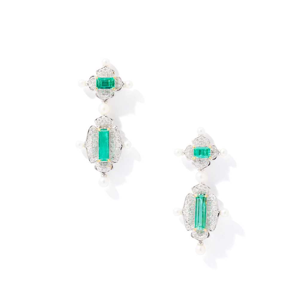 Lot 62 - Fei Liu: A pair of gem-set pendent earrings