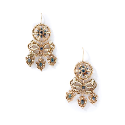 Lot 38 - A pair of early 20th century sapphire and seed pearl girandole earrings
