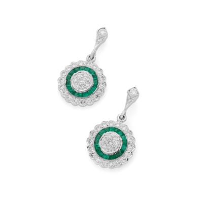 Lot 56 - A pair of emerald and diamond pendent earrings