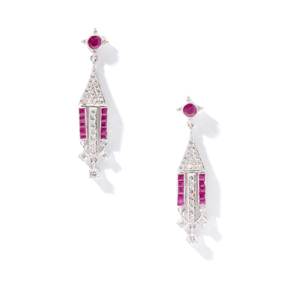 Lot 55 - A pair of ruby and diamond earrings